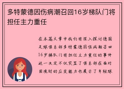 多特蒙德因伤病潮召回16岁梯队门将担任主力重任