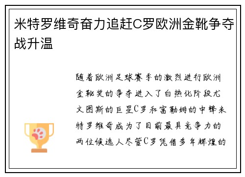 米特罗维奇奋力追赶C罗欧洲金靴争夺战升温