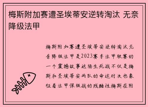 梅斯附加赛遭圣埃蒂安逆转淘汰 无奈降级法甲